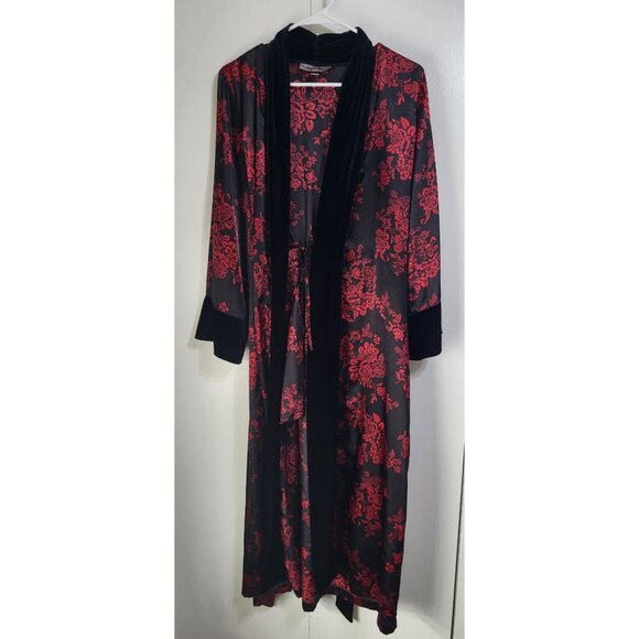 Morgan Taylor Intimates S/M Floral Satin Velvet Trim Robe Sexy Black Red Goth - Picture 2 of 8